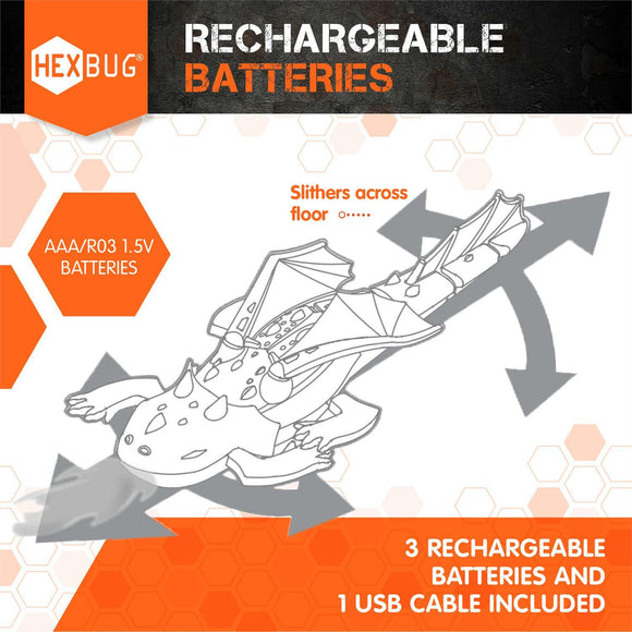 HEXBUG Dragon Remote Control toy featuring a dragon design that slithers across the floor. Includes 3 rechargeable batteries and 1 USB cable for charging. Ideal for kids who enjoy interactive play and imaginative adventures.
