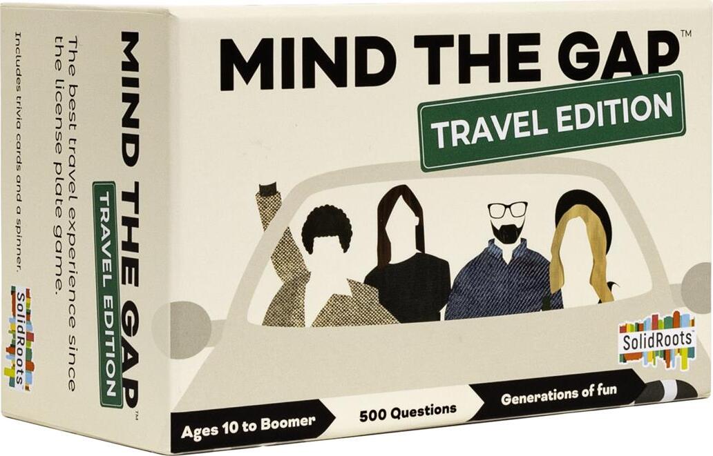 Mind the Gap Travel Edition game by Solid Roots, featuring a colorful box design. The game is suitable for ages 10 and up, promising a fun road trip experience with 500 trivia questions and a spinner for gameplay. Ideal for family trips or gatherings.