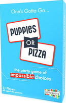 Puppies or Pizza Game by Solid Roots, featuring a bright blue box design with fun graphics. Perfect for parties, this game invites players to make impossible choices, promoting laughter and engaging conversations among 2 or more players of all ages.