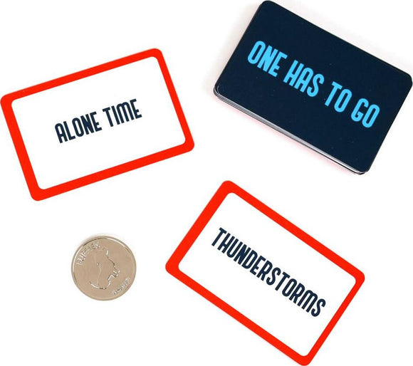 The Puppies or Pizza Game by Solid Roots features a set of cards. Three cards are displayed: one reads 'ONE HAS TO GO' in bold blue on a black background, while the others state 'ALONE TIME' and 'THUNDERSTORMS', both outlined in red. A small coin with a puppy design is also included in the image, suggesting a fun and interactive play experience.