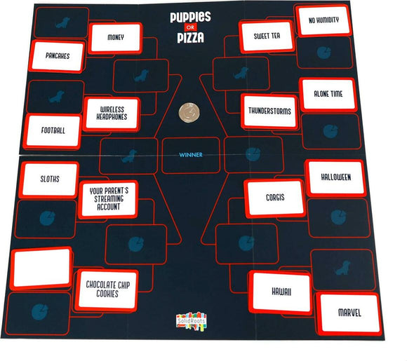 The Puppies or Pizza Game board features a colorful, interactive layout with various categories such as Money, Pancakes, and Football. The center displays a 'Winner' box with a coin positioned for gameplay. Each category is framed in red and black, encouraging players to engage in a fun, decision-making experience.