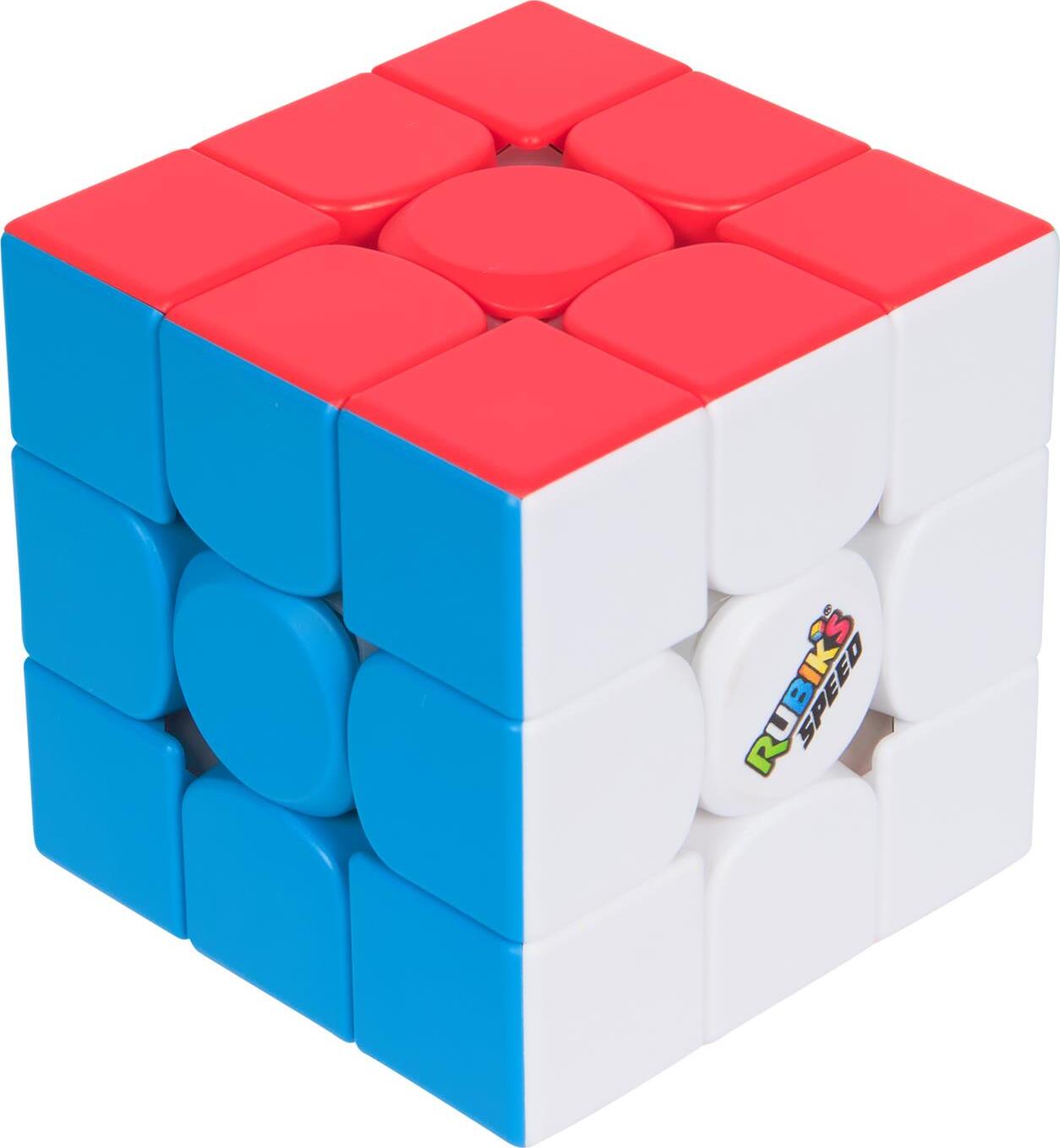 A vibrant Rubik's Cube Speed Cube by Spin Master, featuring a mix of red, blue, and white colors. The cube showcases smooth edges and rounded corner pieces, designed for fast and easy turning, perfect for both beginners and speedcubing enthusiasts.