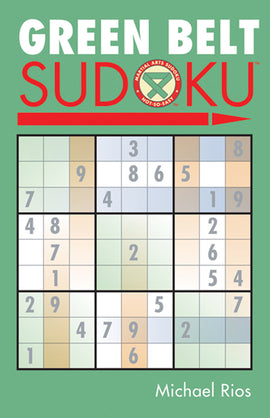 Green Belt Sudoku puzzle book by Michael Rios featuring a grid layout on a vibrant green background, designed for challenging Sudoku enthusiasts. The book consists of various Sudoku puzzles of varying difficulty to stimulate mental agility and problem-solving skills.
