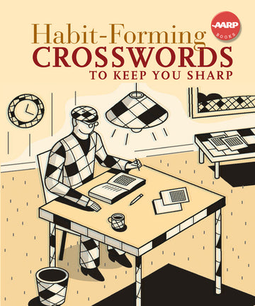 Cover of the book 'Habit-Forming Crosswords' featuring a stylishly illustrated scene with a man in checkered clothing working on crossword puzzles at a table, surrounded by a clock and light fixture, designed to keep your mind sharp.
