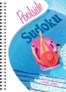 Cover of the Poolside Sudoku book by Frank Longo, featuring a woman lounging on a pink float in a pool, wearing a wide-brimmed hat. The words 'Poolside Sudoku' are prominently displayed in pink and blue against a background of water and pool tiles, implying relaxation and fun.