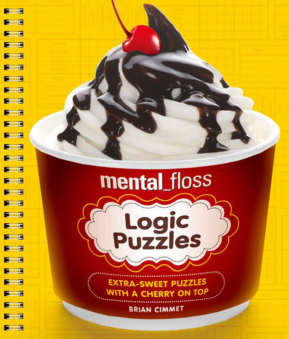 A colorful cup of Mental Floss Logic Puzzles featuring a swirl of soft serve ice cream topped with chocolate sauce and a bright red cherry. The cup is themed with the Mental Floss logo and highlights its extra-sweet logic puzzles with the tagline, 'EXTRA-SWEET PUZZLES WITH A CHERRY ON TOP'. A yellow spiral-bound notebook is in the background.