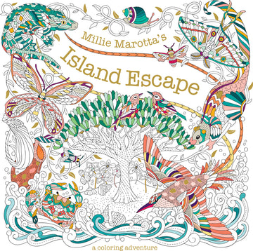 Cover of Millie Marotta's Island Escape featuring intricate illustrations of tropical creatures, plants, and birds. The title is displayed prominently in gold, inviting users to partake in a coloring adventure filled with exotic motifs and artistic expression.