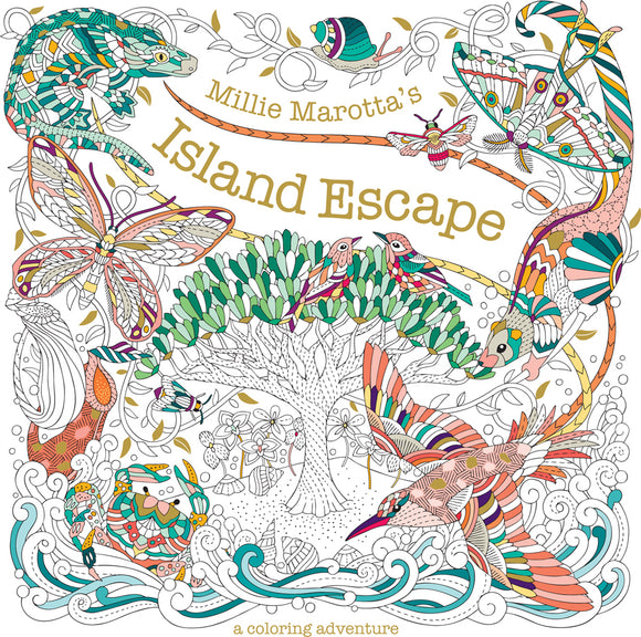Cover of Millie Marotta's Island Escape featuring intricate illustrations of tropical creatures, plants, and birds. The title is displayed prominently in gold, inviting users to partake in a coloring adventure filled with exotic motifs and artistic expression.