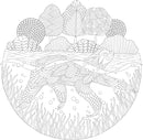 Intricate black and white illustration from Millie Marotta's Island Escape featuring a sea turtle swimming among seaweed and bubbles, surrounded by stylized trees and clouds in a circular composition. Ideal for coloring and creativity.