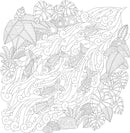 A detailed illustration from Millie Marotta's Island Escape featuring various fish swimming through swirling water among tropical leaves and plants. The sketch presents intricate line work, inviting coloring or creative additions.