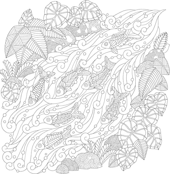 A detailed illustration from Millie Marotta's Island Escape featuring various fish swimming through swirling water among tropical leaves and plants. The sketch presents intricate line work, inviting coloring or creative additions.