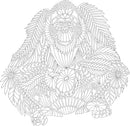 A detailed illustration from Millie Marotta's Island Escape featuring a large stylized monkey surrounded by intricate foliage and flowers. The artwork is presented in black and white, showcasing elaborate patterns ideal for coloring.