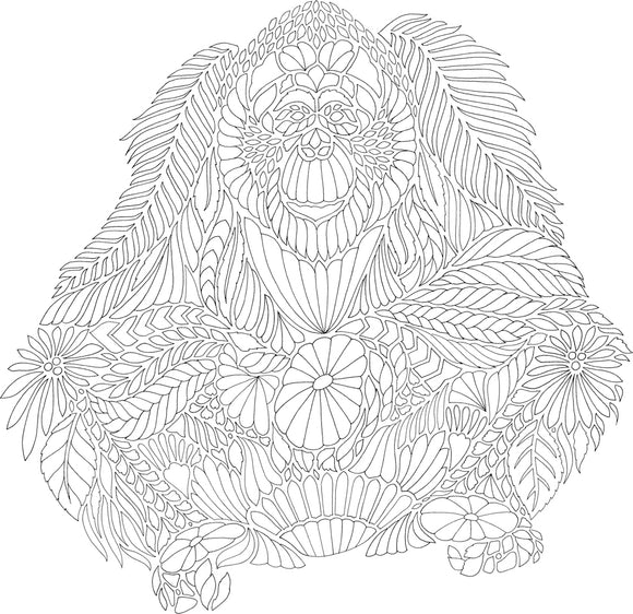 A detailed illustration from Millie Marotta's Island Escape featuring a large stylized monkey surrounded by intricate foliage and flowers. The artwork is presented in black and white, showcasing elaborate patterns ideal for coloring.