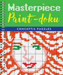 The cover of the Masterpieces Paint-doku book by Sterling Publishing Company features a vibrant design with a grid containing a colorful, stylized portrait. The book is spiral-bound, showcasing the title in bold text against a green background, along with the subtitle 'Conceptis Puzzles.' The colorful blocks fill in a pixel-like image that highlights the creative nature of the puzzle.