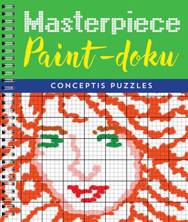 The cover of the Masterpieces Paint-doku book by Sterling Publishing Company features a vibrant design with a grid containing a colorful, stylized portrait. The book is spiral-bound, showcasing the title in bold text against a green background, along with the subtitle 'Conceptis Puzzles.' The colorful blocks fill in a pixel-like image that highlights the creative nature of the puzzle.