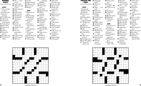 Pages from the 'Very Easy! Easy as Pie Crosswords' book by Union Square & Co. showcasing various crossword puzzles filled in with black squares and clues listed beside them. Designed for a fun and engaging way to enhance vocabulary and puzzle-solving skills.