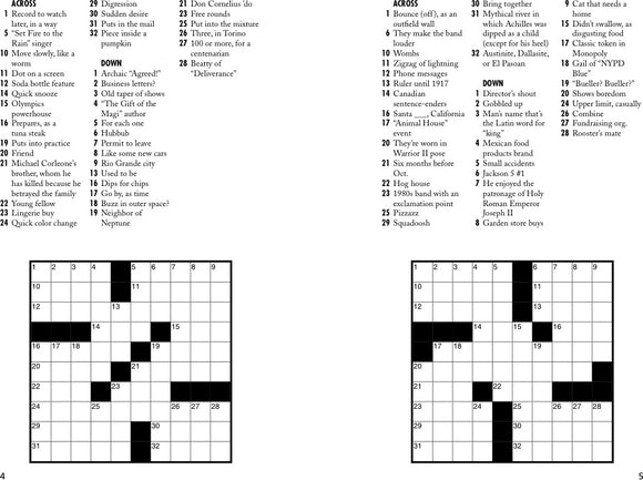 A fun and engaging page from a 'Quick & Fun Mini Crosswords' book by Sterling, featuring a grid of crossword puzzles. Each crossword contains various clues for both across and down entries, inviting users to challenge their vocabulary and problem-solving skills. The layout showcases a light-hearted and entertaining format, perfect for puzzle enthusiasts looking for a quick brain teaser during leisure time.