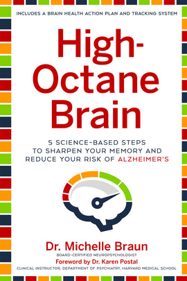 Book cover of 'High-Octane Brain' by Dr. Michelle Braun. The design features a colorful border and an illustration of a speedometer, symbolizing brain health. The title highlights five science-based steps to sharpen memory and reduce Alzheimer's risk, making it a valuable resource for mental wellness.
