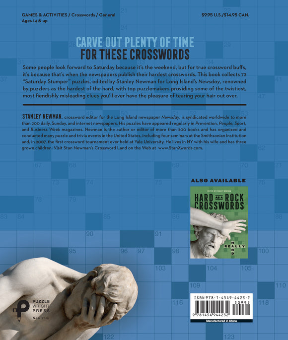 The back cover of the book 'Super Hard Hard as a Rock Crosswords' by Union Square & Co. features a blue background with a crossword grid design and two classic sculptures depicting expressive figures. The text highlights the challenging nature of the book, which includes 72 intricate crossword puzzles edited by Stanley Newman.
