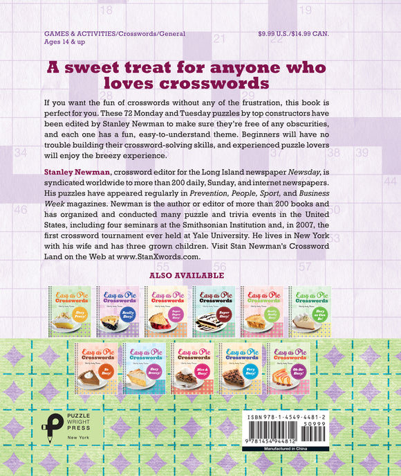 The back cover of the 'Mega-Easy! Easy as Pie Crosswords' book by Union Square & Co. features a colorful layout with enticing titles of other crossword volumes, a description emphasizing fun and ease, and author Stanley Newman's credentials. It showcases a grid background typical of crossword puzzles, designed to appeal to both novice and experienced puzzle enthusiasts.