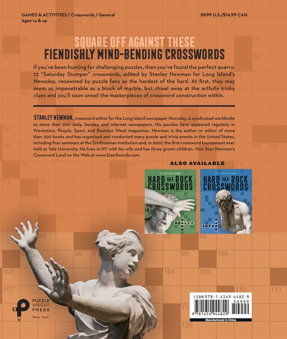 The back cover of 'Extra Hard Hard as a Rock Crosswords,' featuring a description of the 72 challenging crossword puzzles edited by Stanley Newman, along with an image of a statue and barcode. The text highlights the difficulty of the puzzles, suitable for ages 14 and up.