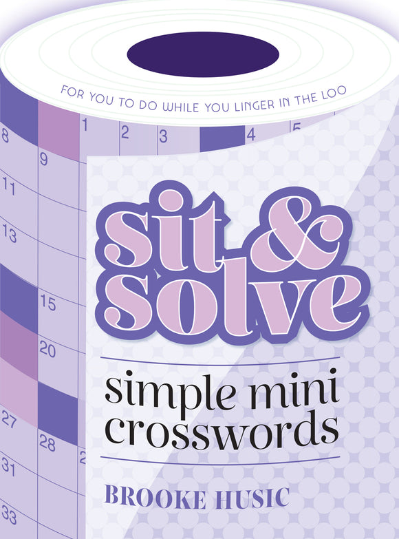 The 'Sit & Solve Simple Mini Crosswords' book by Brooke Husic is designed for puzzle enthusiasts, featuring a playful cover in purple tones with grid patterns. Ideal for quick brain teasers while taking a break.