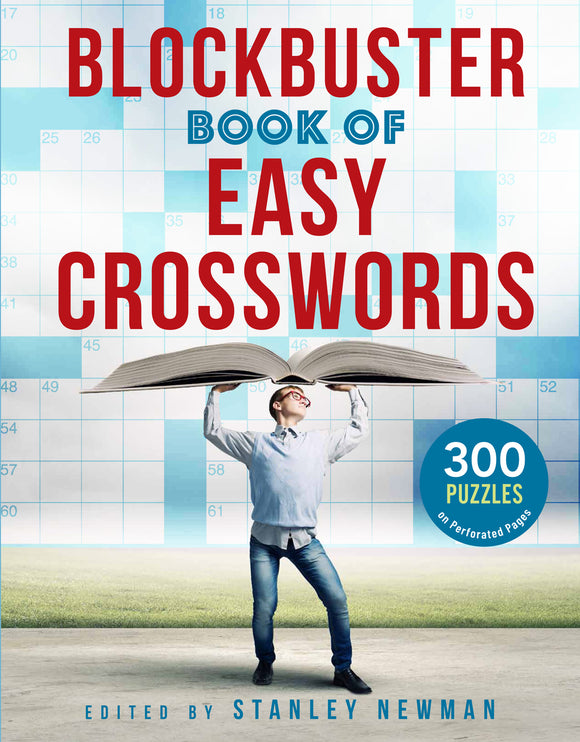 The Blockbuster Book of Easy Crosswords features a young boy joyfully lifting a large open book showcasing crossword puzzles. The book promises 300 puzzles on perforated pages, making it easy to tear out and complete anywhere. The background consists of a grid resembling crossword layout, emphasizing the puzzle aspects of the book.