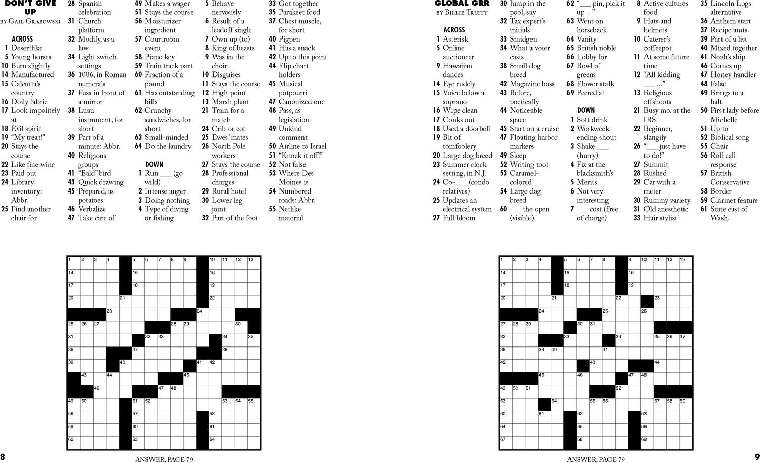 Two completed crossword puzzles side-by-side, showing filled grids and answers.