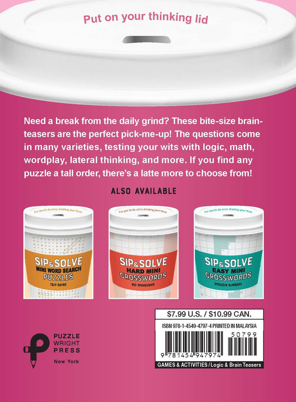 Sip & Solve Two-Minute Brainteasers by Union Square & Co. A colorful display of brain-teasing puzzle cups featuring mini word search puzzles and crosswords. Ideal for quick mental challenges during coffee breaks.