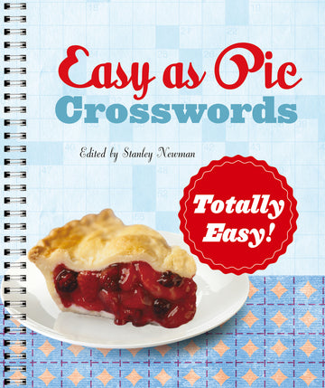 Cover of the 'Totally Easy! Easy as Pie Crossword' book, featuring a slice of pie on a plate with a beautiful golden crust and a juicy filling. The title is prominently displayed in bright red and blue colors, set against a light blue grid pattern background, ideal for crossword puzzle enthusiasts looking for an enjoyable challenge.
