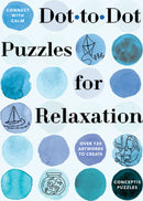 Cover of the 'Dot-to-Dot Puzzles for Relaxation' book by Union Square & Co, featuring a watercolor background with various blue circles. The title and subtitle highlight over 120 artworks for relaxation and creativity.