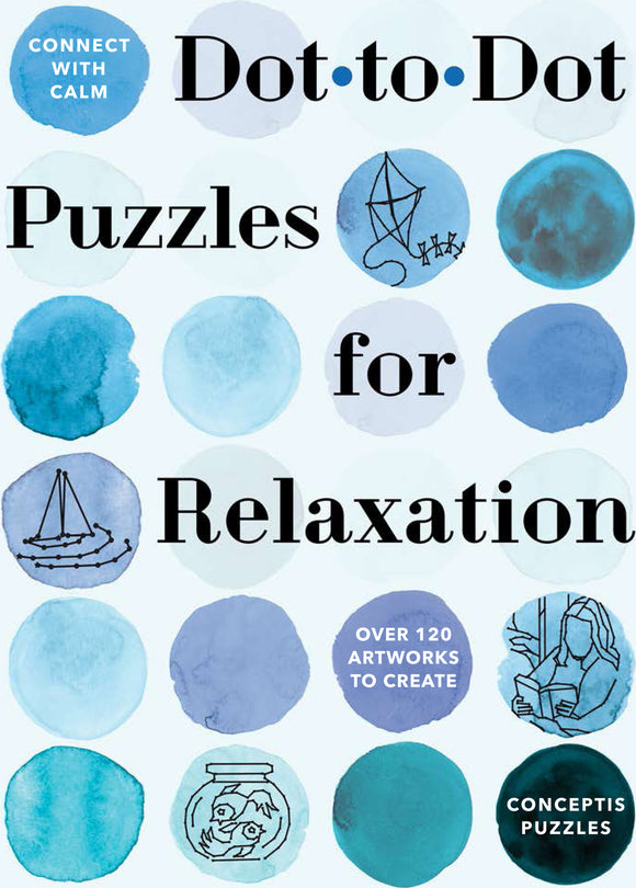Cover of the 'Dot-to-Dot Puzzles for Relaxation' book by Union Square & Co, featuring a watercolor background with various blue circles. The title and subtitle highlight over 120 artworks for relaxation and creativity.
