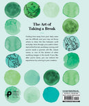 The back cover of 'Dot-to-Dot Puzzles for Mindfulness' features a soothing design with green and blue watercolor dots. Each dot is paired with intricate line drawings that represent different images, such as nature scenes and figures. The text discusses the benefits of taking breaks and engaging in mindful drawing, inviting readers to connect dots to create their own art and enjoy a calming activity.