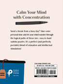 The cover of the book 'Pause for Puzzles Sudoku for Mindfulness' by Union Square & Co, featuring a serene design with a pen and a pencil, and text promoting relaxation and concentration through sudoku puzzles. The back cover highlights the variety of puzzles included, emphasizing a mix of easy to hard levels for all skill types.