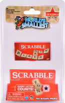 The World's Smallest Scrabble game by Super Impulse features a compact game board and magnetic letter tiles. The packaging highlights the title and includes a caution about small parts. It's designed for ages 8 and up and promises fun gameplay.