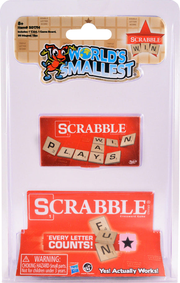 The World's Smallest Scrabble game by Super Impulse features a compact game board and magnetic letter tiles. The packaging highlights the title and includes a caution about small parts. It's designed for ages 8 and up and promises fun gameplay.