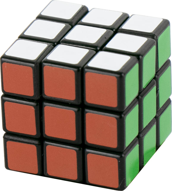 A close-up view of the World's Smallest Rubik's Cube by Super Impulse. This miniature mechanical puzzle features the classic color combinations of red, green, and white on a compact, cube shape, perfect for solving challenges on-the-go.