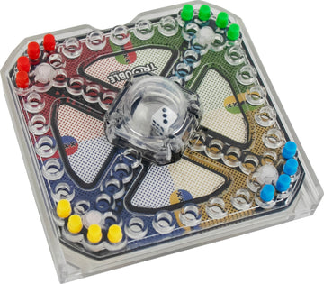 World's Smallest Trouble game by Super Impulse. This compact, clear plastic game board features colorful pegs in blue, red, green, and yellow compartments, with a die in the center. Perfect for family fun on the go, it combines classic gameplay with a miniature design.