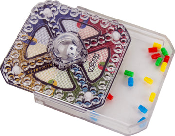 World's Smallest Trouble game by Super Impulse displayed on a flat surface. The compact game features a clear plastic base, colorful pegs in red, green, blue, and yellow, and a transparent bubble dice popper at the center. The board shows a vibrant design with paths for each colored player and a mix of playful graphics, making it an engaging game for all ages.