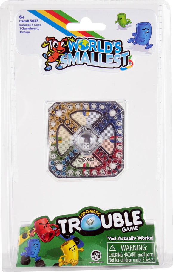 The World's Smallest Trouble game by Super Impulse features a miniature game board with colorful pegs and a pop-o-matic bubble. Ideal for fun family game nights, the package includes 1 gameboard, 16 pegs, and is designed for ages 6 and up.