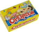 The box of the classic game 'Operation' is displayed. It features a cartoonish doctor and a patient with humorous ailments, showcasing vibrant colors and engaging graphics. The yellow box prominently displays the game's title with playful text and images of medical tools.