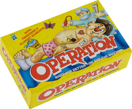 The box of the classic game 'Operation' is displayed. It features a cartoonish doctor and a patient with humorous ailments, showcasing vibrant colors and engaging graphics. The yellow box prominently displays the game's title with playful text and images of medical tools.