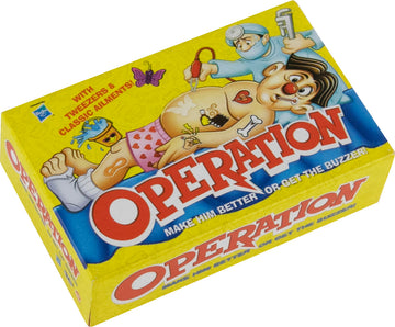 The box of the classic game 'Operation' is displayed. It features a cartoonish doctor and a patient with humorous ailments, showcasing vibrant colors and engaging graphics. The yellow box prominently displays the game's title with playful text and images of medical tools.