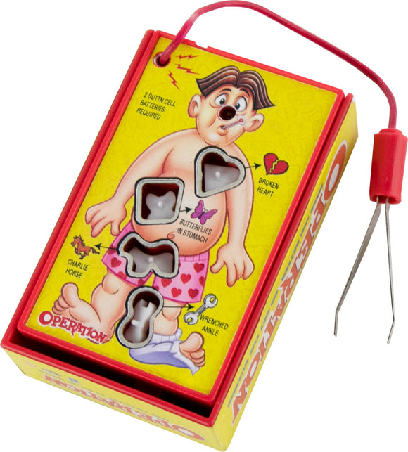 The World's Smallest Operation game by Super Impulse features a colorful box depicting a cartoon character with various ailments. It includes a tweezers tool for removing ailments like 'broken heart' and 'butterflies in stomach' from the game board.