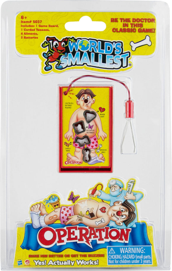 World's Smallest Operation game by Super Impulse. Features a miniature game board of the classic Operation game with illustrations of ailments on a patient. Includes a set of corded tweezers, four ailments to remove, and two batteries required. Fun, interactive gameplay for ages 6 and up.