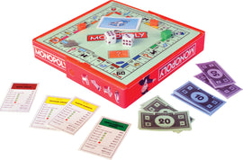 World's Smallest Monopoly game set, featuring a compact game board with iconic properties and spaces. Includes miniature dice, property cards for Baltic Avenue, Ventnor Avenue, Marvin Gardens, North Carolina Avenue, and colorful play money in denominations of 10, 20, and 50.