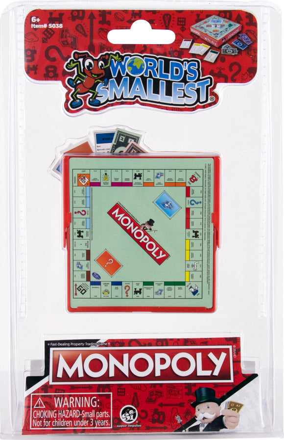 World's Smallest Monopoly game by Super Impulse, featuring a miniature Monopoly board, iconic tokens, and colorful property cards, packaged in clear plastic with a vibrant design.