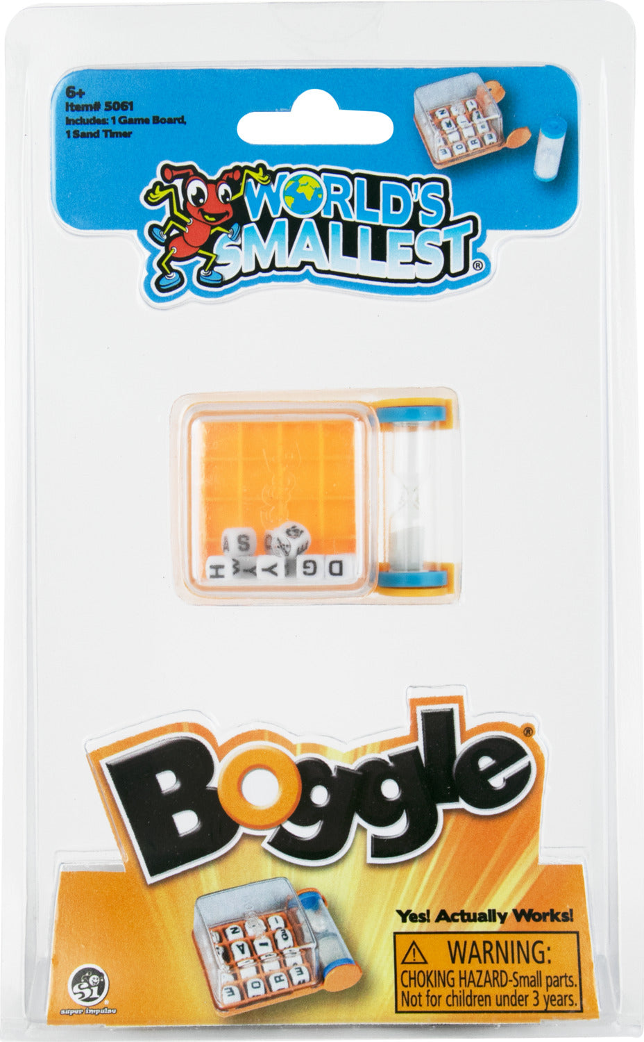 The World's Smallest Boggle game by Super Impulse features a compact design with a see-through lid. The set includes a game board, letter dice, and a sand timer all packed within light packaging. The gameplay revolves around finding words from a mix of letters within a limited time, ideal for ages 6 and up. The vibrant colors and action-oriented branding make it appealing for both kids and adults.