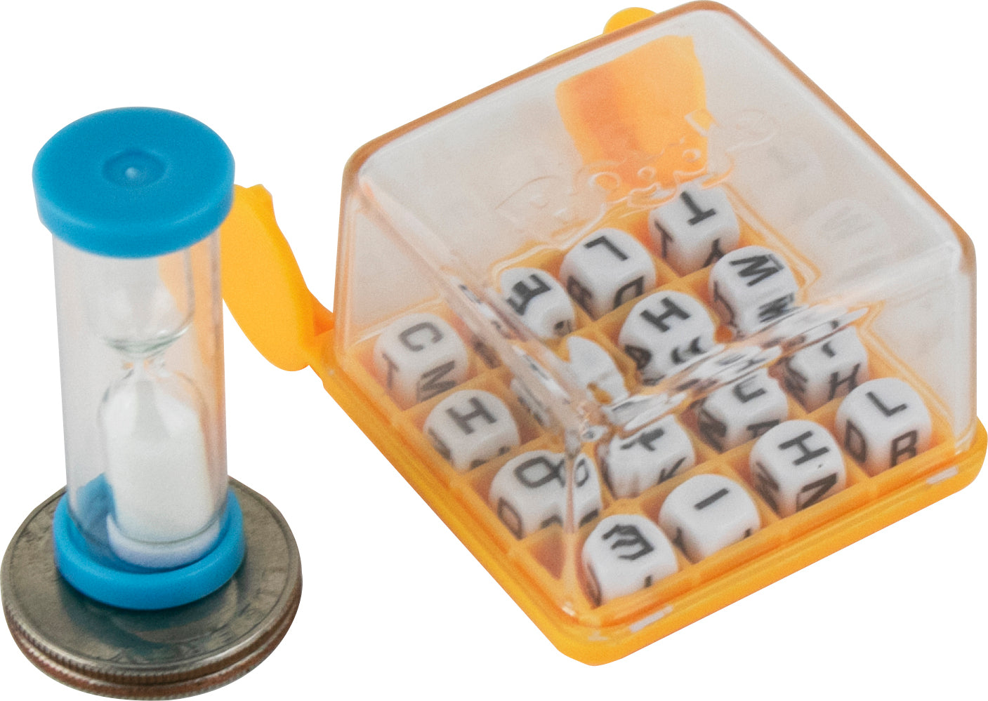 World's Smallest Boggle game set by Super Impulse, featuring a clear plastic container with lettered dice and a bright orange lid. A mini hourglass timer is placed next to the container, alongside a quarter for size comparison, highlighting the game's compact design.