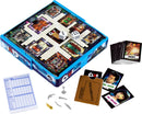 The World's Smallest Clue game by Super Impulse, featuring a compact board with a grid layout of various rooms like the Library and Conservatory. Includes miniature game pieces, dice, a case file card, and character cards such as Mr. Green and Dr. Orchid, along with a detective cheat sheet for tracking clues.